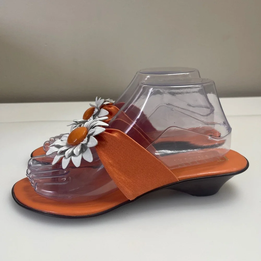 Italian Shoemakers Orange Floral Thong Sandals Wedge Heel Made in Italy Womens 8